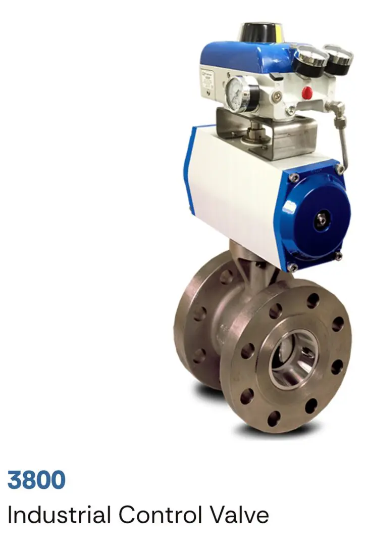 Industrial stainless steel ball valve with actuator and flanged ends.