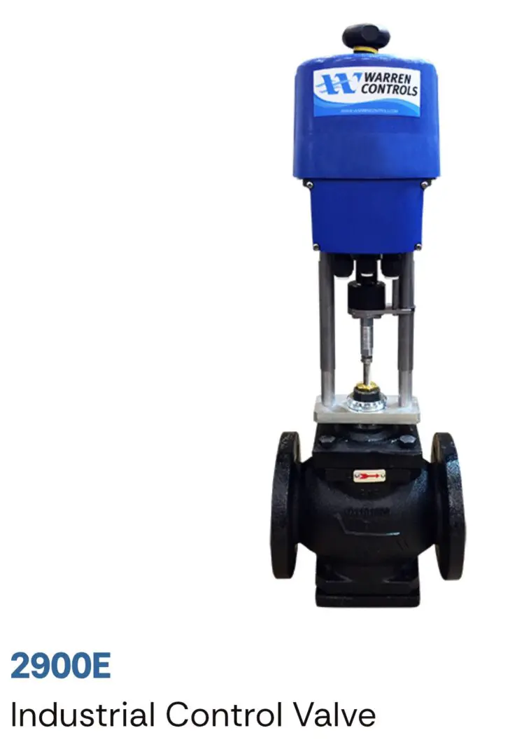 Industrial electric valve with blue actuator and flanged ends.