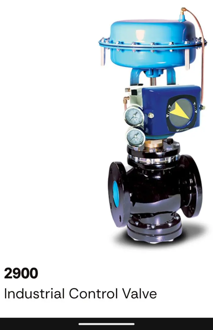 Industrial control valve with actuator and blue control unit.