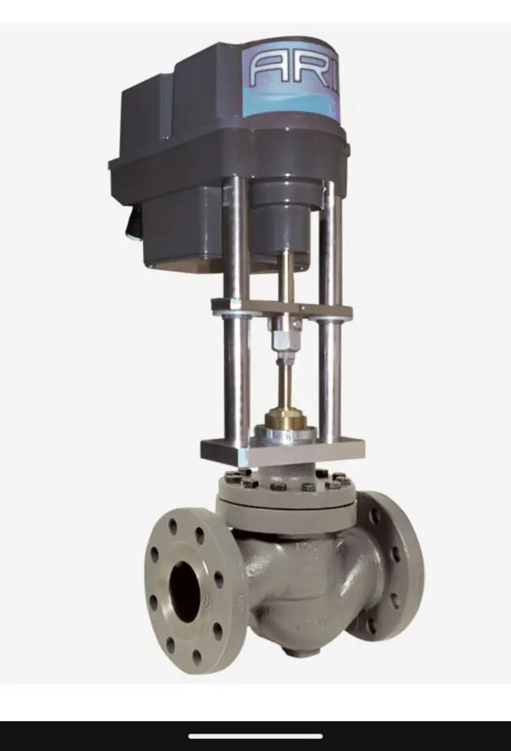 Industrial control valve with actuator and flanged ends.