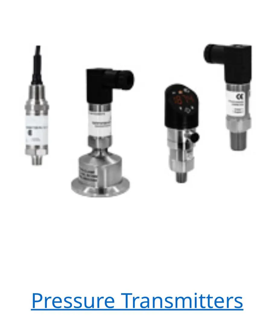 Four industrial pressure sensors with varied designs and connectors.