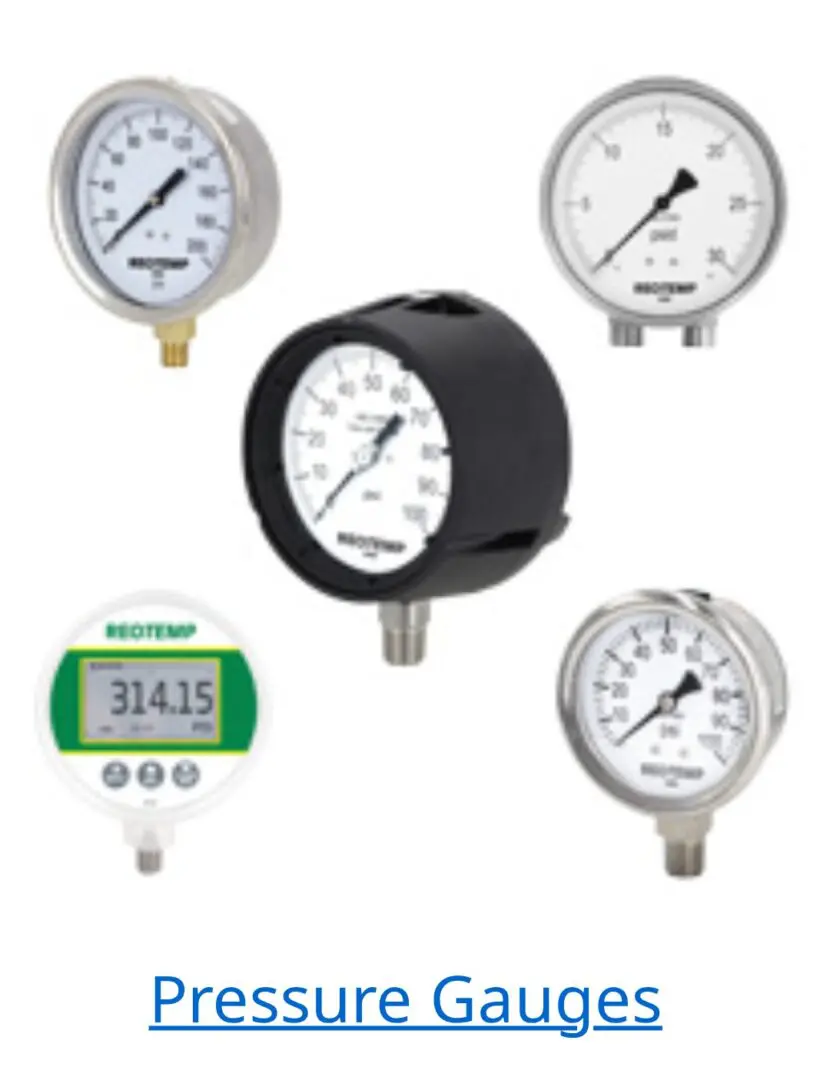 Various types of pressure gauges including analog and digital models.