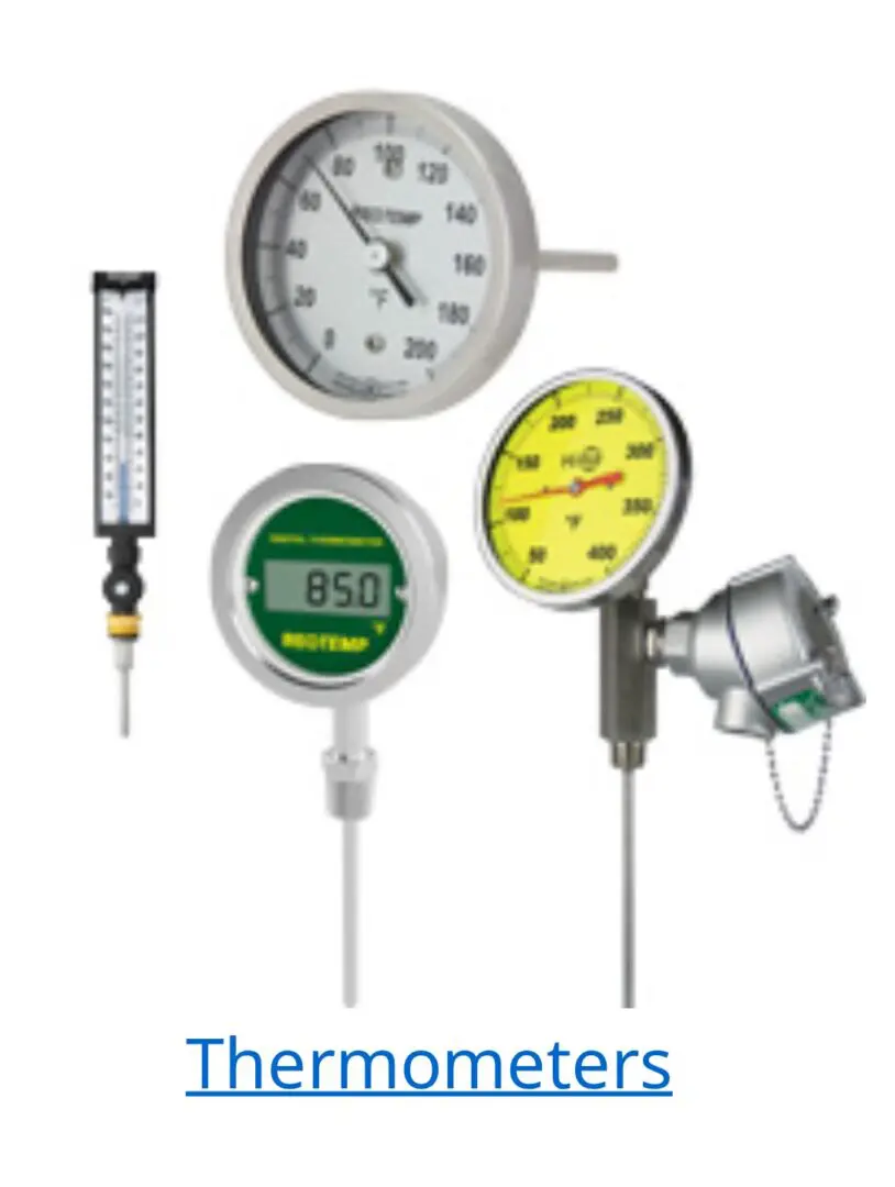 Various industrial pressure gauges and thermometers displayed together.