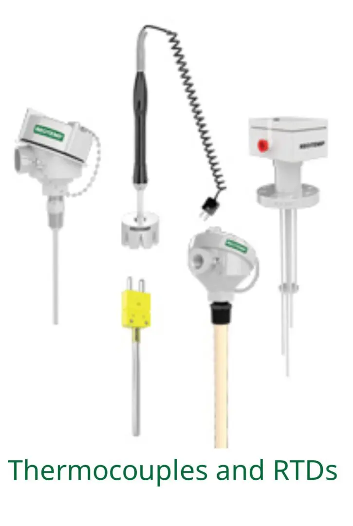 Various industrial temperature sensors and probes with digital displays and connectors.