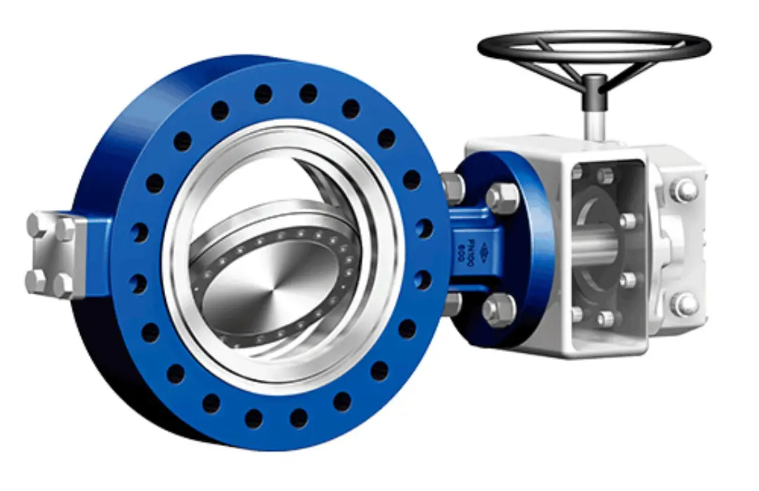 Industrial butterfly valve with blue flange and metallic disc.
