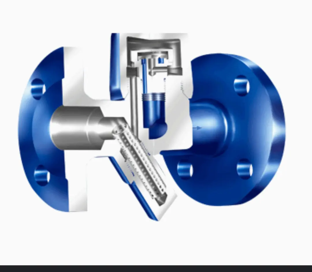 Cross-sectional view of a blue industrial valve showing internal components.