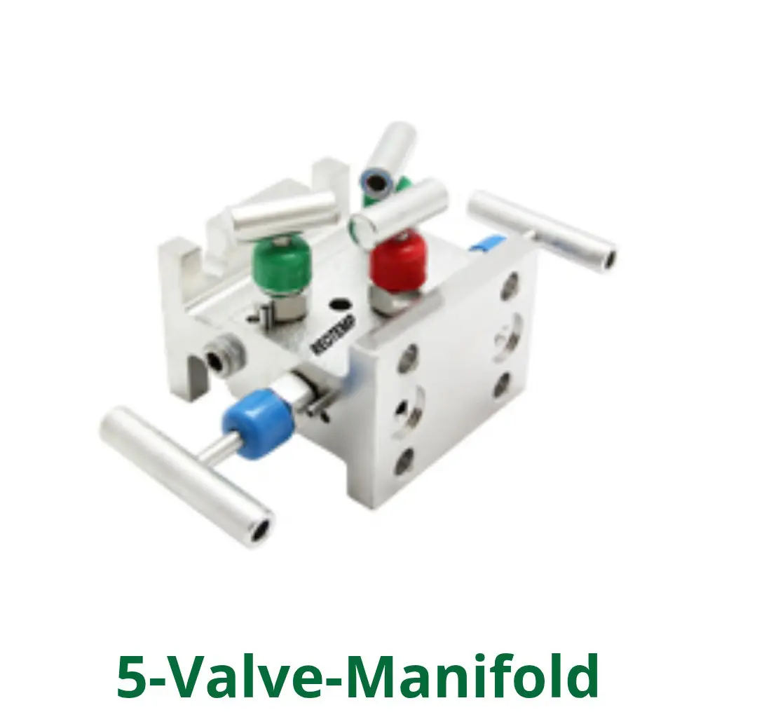 A 5-valve manifold for controlling fluid flow in industrial systems.