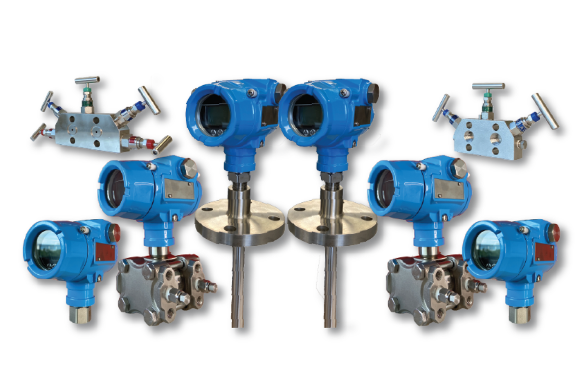 Industrial flow meters with blue sensors and metal probes.