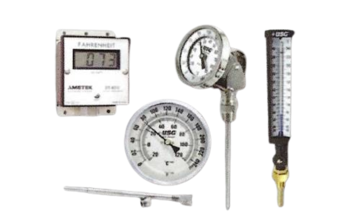 Various industrial thermometers and pressure gauges arranged together.